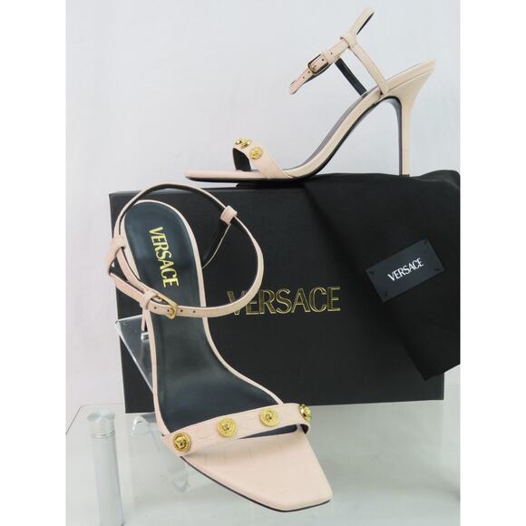 VERSACE DUSTY PINK LEATHER GOLD MEDUSA HEADS LOGO SANDALS HEEL PUMPS 40 10 SPAIN - Picture 1 of 12